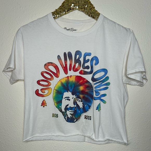 Bob Ross Good Vibes Only Rainbow Tie Dye Graphic Crop Tee S - Picture 2 of 4